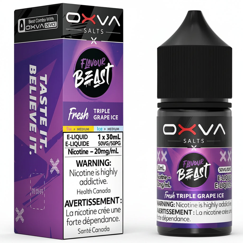 OXVA Salts 'Flavour Beast' Fresh Triple Grape Ice e-liquid shown with its retail box and a single bottle on a plain white background.