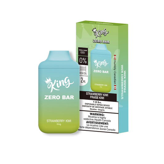 King Zero Bar Strawberry Kiwi disposable vaping device next to its green packaging box on a white background.