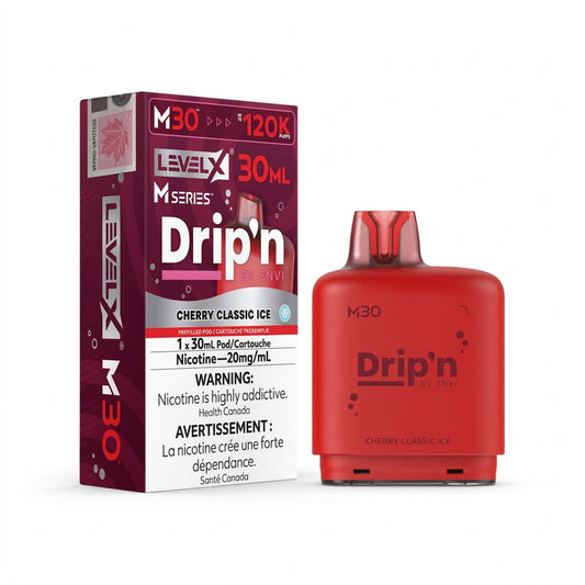 A red disposable vape device next to its retail packaging box. The box is dark red and white with text reading 'LEVEL X M30 Drip'n MELI' and 'Cherry Classic Ice'.