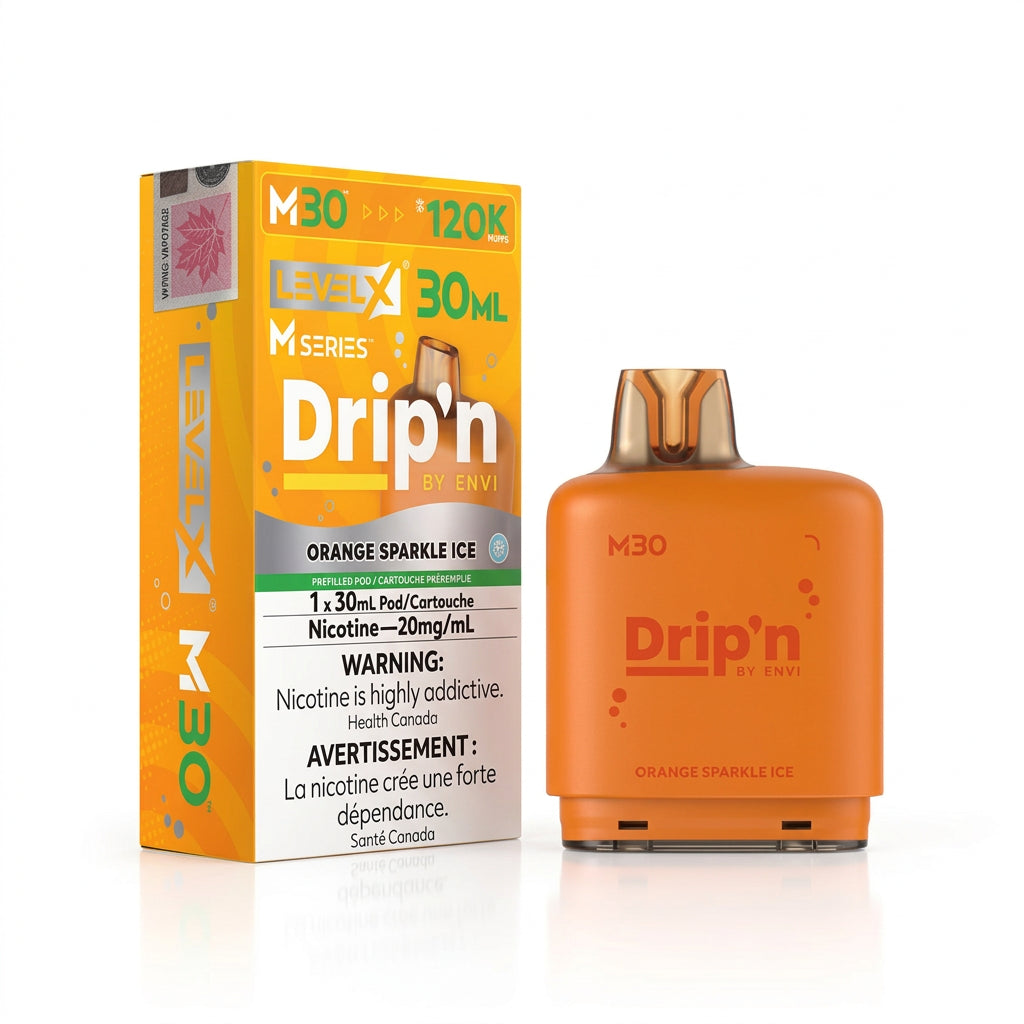 An orange disposable vape device next to its yellow and white retail packaging box, labeled 'Drip'n by Envii' and 'Orange Sparkle Ice'.