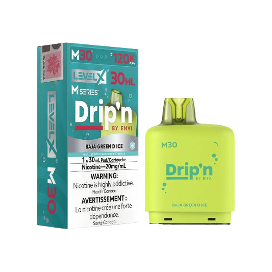A lime green disposable vape device next to its teal and white retail packaging box, labeled 'M30 LevelX M Series Drip'n by Envi' in the flavor 'Baja Green D Ice'.