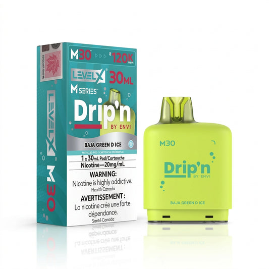 A lime green disposable vape device next to its teal and white retail packaging box, labeled 'M30 LevelX M Series Drip'n by Envi' in the flavor 'Baja Green D Ice'.