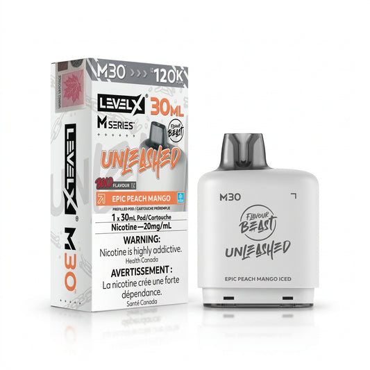 Level X M30 disposable vape device next to its retail packaging box, featuring the 'Unleashed' flavor in Epic Peach Mango Ice, on a plain white background.