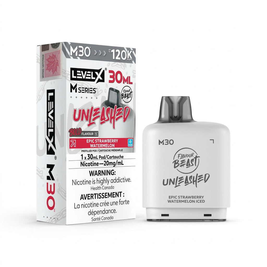 Level X M30 disposable vape pen and its retail packaging box in the flavor 'Unleashed' (Epic Strawberry Watermelon). The product is white with black and red text, shown next to its white box on a plain white background.