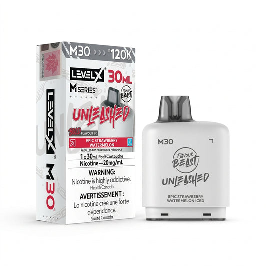 Level X M30 disposable vape pen and its retail packaging box in the flavor 'Unleashed' (Epic Strawberry Watermelon). The product is white with black and red text, shown next to its white box on a plain white background.