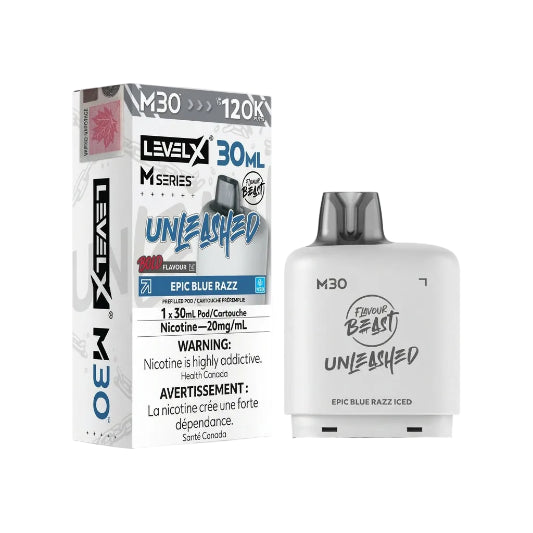 Level X M30 disposable vape device and its retail packaging box, featuring the 'Unleashed' flavor in 'Epic Blue Razz' with a white and gray color scheme.