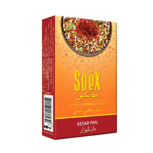 A box of SoeX Kesar Pan herbal masalas, featuring a red and orange design with a bowl of colorful mixed spices on the front, photographed on a white background.